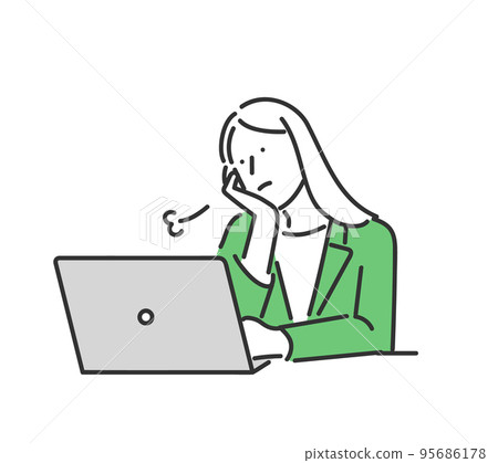 Illustration material of a female business person who puts her cheeks in front of a computer and sighs 95686178