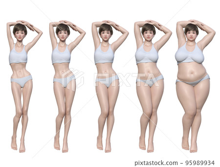 Underweight, Chubby, Normal, Overweight, Natural Japanese 3D model female diet before and after 95989934