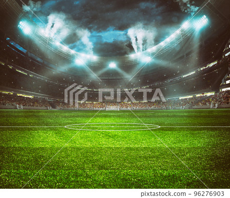 Football stadium with the stands full of fans waiting for the night game. 3D Rendering 96276903