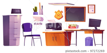 Police station office inside with desk, computer - Stock Illustration ...