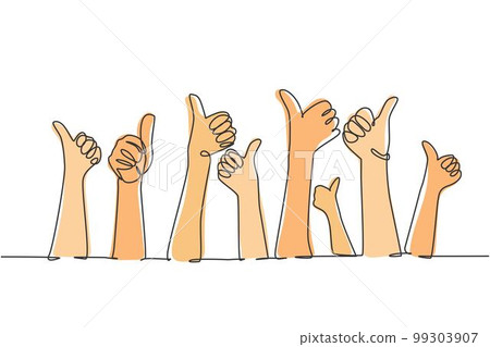 One line drawing of people arm hands raising with thumbs up gesture. Good service excellence in business sector sign concept. Continuous line draw graphic design vector illustration 99303907