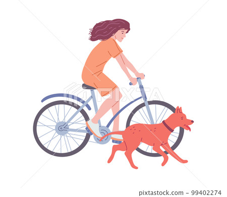 Woman riding bicycle with her dog running around, hand drawn flat vector illustration isolated on white background. 99402274