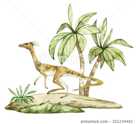 Watercolor dinosaur illustration with prehistoric landscape. Hand drawn Lagerpeton on the sand with palms. Detailed dino clipart for kids products. Children Encyclopedia of ancient animals. PNG file 101234482