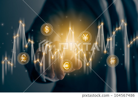 Businessman Hand and Finger Press or Touch Center Stock Graph and Money Currency in Vintage Tone 104567486