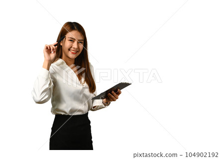 Businesswoman clipboard and smiling to camera isolated on white background 104902192