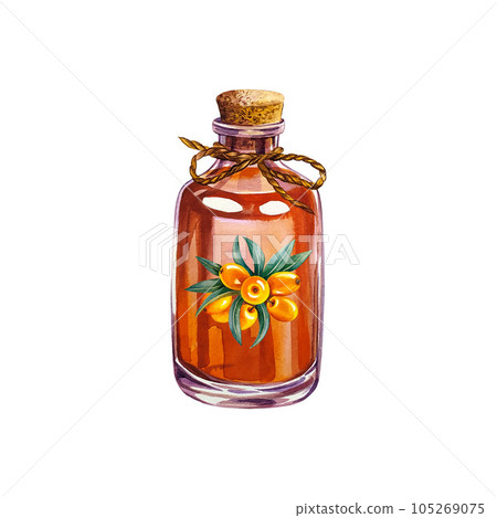 Glass bottle with sea buckthorn oil. Watercolor illustration. Isolate on white background. For cosmetology 105269075