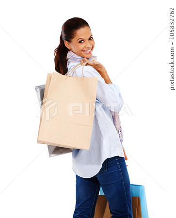 Happy shopping, woman and portrait with white background, isolated studio or retail mall sales. Rich customer, model and gift bags of commerce market, discount product promotion or luxury store brand 105832762