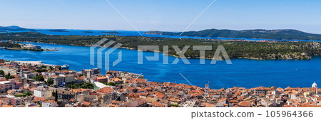 Panorama, wide shot of the Sibenik, Croatia. Aerial view of the Sibenik old city and adriatic sea 105964366