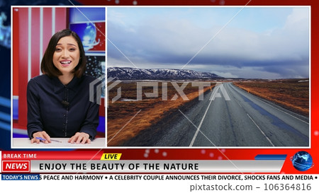 Asian presenter shows beautiful landscapes, advertising natural icelandic glaciers in new goegraphic reportage. Journalist broadcasting live arctic footage of amazing scenery on live tv. 106364816