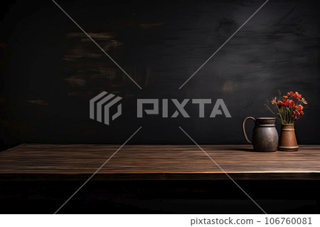 wooden table on black wall in dark background. Copy space 106760081