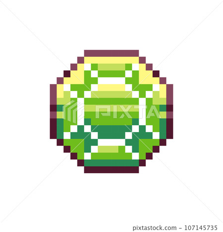 Pixel art Green Emerald Gem Icon. Retro Style Game Asset or Arcade Element. 8 Bit Pixel Jewel Gemstone Treasure.  107145735