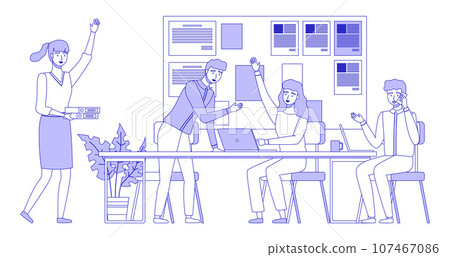 Colleagues communicate and discuss startup during meeting in office, line art vector concept. Businesspeople discussing business idea sitting at negotiating table. Planning, concluding new project 107467086