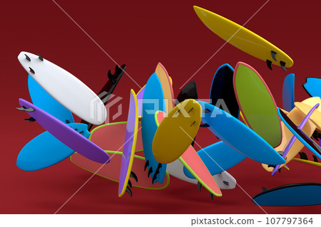 Many of flying surfboard for summer surfing isolated on red background. 107797364