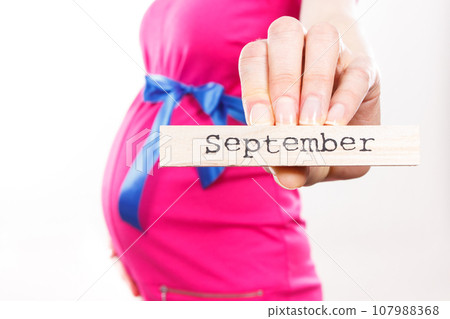 Pregnant woman in pink dress with blue ribbon showing word september 107988368