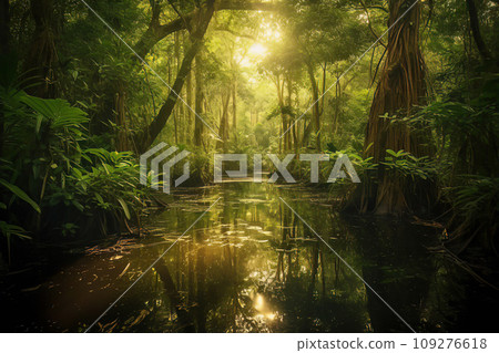 Sunbeams pierce through the dense canopy to dance upon the surface of a serene jungle river 109276618