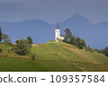 Jamnik, Slovenia. The Jamnik Church is a charming 15th-century chapel in the Kamnik-Savinja Alps near Kranj, breathtaking views of the surrounding mountainous landscape. The Church of St. Primoz 109357584