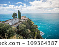 Stunning view of Cemetery of Manarola village in Cinque Terre National Park, beautiful cityscape with colorful houses and green terraces on cliffs over a sea, Liguria region of Italy. 109364387