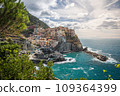 Stunning view of Manarola village in Cinque Terre National Park, beautiful cityscape with colorful houses and green terraces on cliffs over a sea, Liguria region of Italy. 109364399