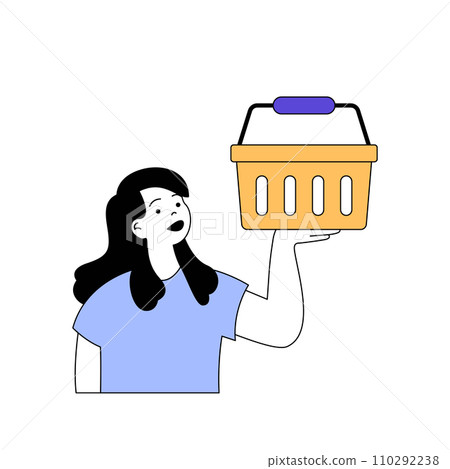 Shopping concept with cartoon people in flat design for web. Woman with basket making purchases in supermarket and ordering goods. Vector illustration for social media banner, marketing material. 110292238