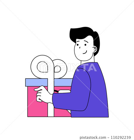 Shopping concept with cartoon people in flat design for web. Man making bargain purchases and getting gift from in loyalty program. Vector illustration for social media banner, marketing material. 110292239