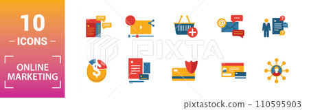 Online Marketing icon set. Include creative elements email marketing, mobile marketing, referral, marketing plan, social icons. Can be used for report, presentation, diagram, web design 110595903