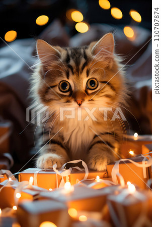 Cute red kitten among gift boxes on the background of a Christmas garland bokeh 110707874