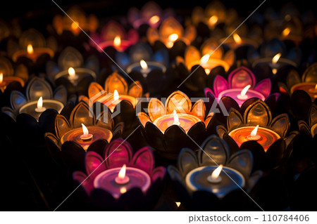 Oil lamps and candles lit at night during diwali celebration 110784406