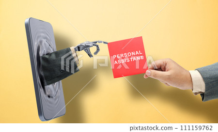 Robotic hand and business hand holding a note with personal assistant text 111159762