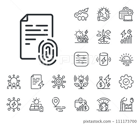 Finger print scan sign. Energy, Co2 exhaust and solar panel outline icons. Fingerprint document line icon. Biometric identity symbol. Fingerprint line sign. Eco electric or wind power icon. Vector 111173700