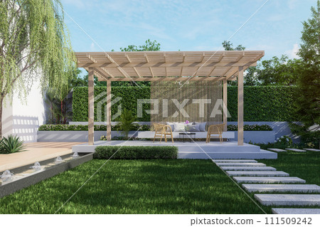 Modern contemporary style green garden with wooden pavilion 3d render 111509242