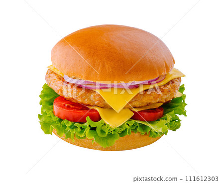 Big hamburger with chicken cutlet on white background 111612303