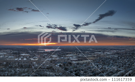 winter sunrise over midtown of Fort Collins and plains in northern Colorado, aerial panorama 111617359