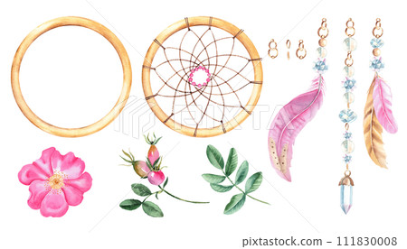 Watercolor hand drawn dream catcher set with feathers, strings of crystals, beads, golden rings and dog rose flowers. Design elements isolated on white background. 111830008