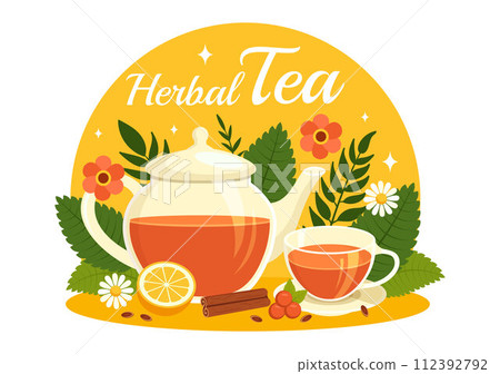 Herbal Tea Vector Illustration with Chamomile Leaves of Health Drink Green and Mixture of Flowers to Increase Endurance in Flat Cartoon Background 112392792