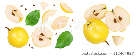 Fresh quince with half and slices isolated on the white background with full depth of field. Top view. Flat lay 112404927