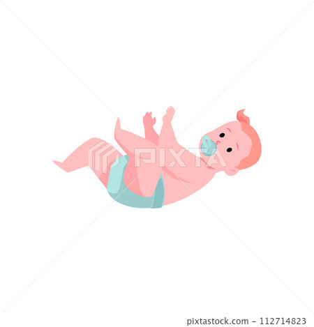 Cute baby boy in diaper and with pacifier lying flat style 112714823