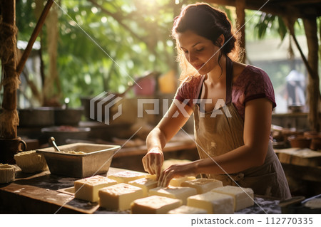 Woman in an apron carefully cuts soap bars in a rustic workshop setting 112770335