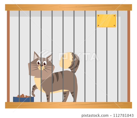 Homeless animal in pet adoption cage. Cartoon cat 112781843