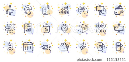 Outline set of Health app, Cogwheel and Money currency line icons for web app. Include Online voting, Lightning bolt, Gas cylinder pictogram icons. Chat app, Loyalty star, Certificate signs. Vector 113158331