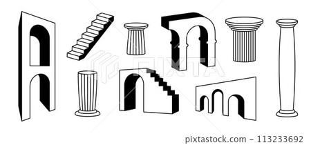 Line arches, columns and stair collection. Outline surreal greek element set. Black bold 3d arc doors pillars, staircase, gates bundle. Trippy shapes pack for collage, poster, banner, sticker. Vector  113233692