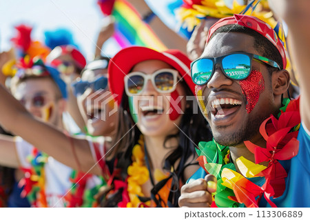 Group of joyful fans with colorful accessories cheering together 113306889