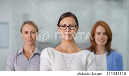 Portrait, women or business as empowerment, leadership or teamwork in support of corporate company. Team, businesswomen or entrepreneur as agency, expert or staff as pride, solidarity or commitment 113345116