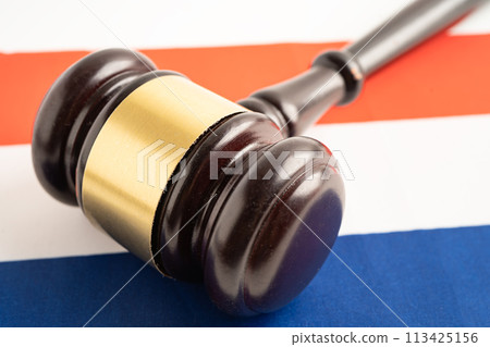 Netherlands flag with judge hammer, Law and justice court concept. 113425156