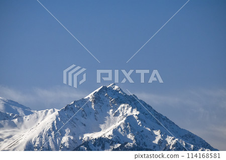 Snow covered mountains, Tian Shan, large system of mountain ranges in Central Asia 114168581