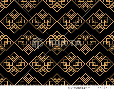 Geometric seamless pattern in line art style. Art deco geometric pattern of golden lines on a black background. Vintage linear style. Design for wallpapers, wrappers and banners. Vector illustration 114411308