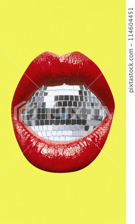 Poster. Contemporary art collage. Mouth with red lipstick on lips blowing disco ball as bubble gum against yellow background 114604451