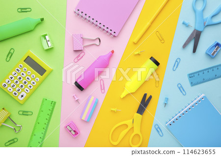 Back To School concept. School supplies on colorful background 114623655