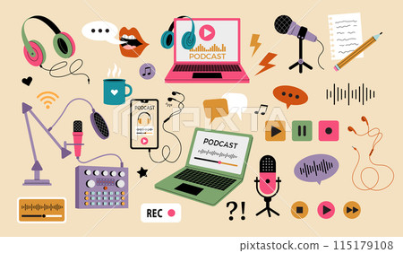 Podcast. Gadgets for web audio or video streaming headphones microphones laptop recording stuff recent vector stylized flat illustrations 115179108