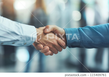 Close up of two business people shaking hands after successful partnership negotiation in office 115409761