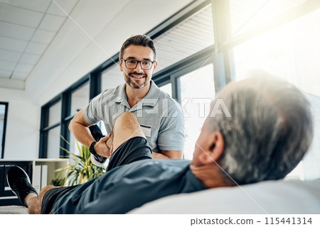 Physio therapy senior man and stretching leg for health, medical help and consultant with injury support. Consultation, chiropractor and healthcare with rehabilitation and care in doctor office 115441314